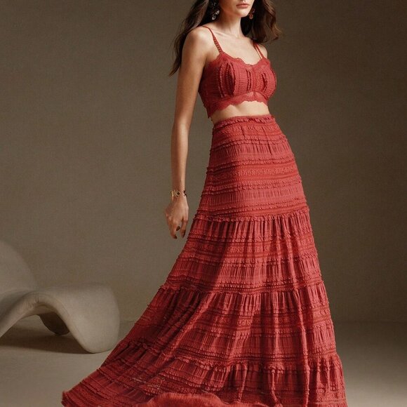 Red Elegant Women's Lace Camisole And Extra Long Skirt set - Picture 6 of 7